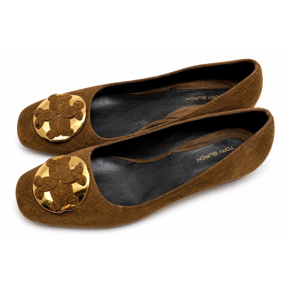 Tory Burch Block Heel Pumps Womens 8M Brown Good Suede Gold Medallion Square Toe